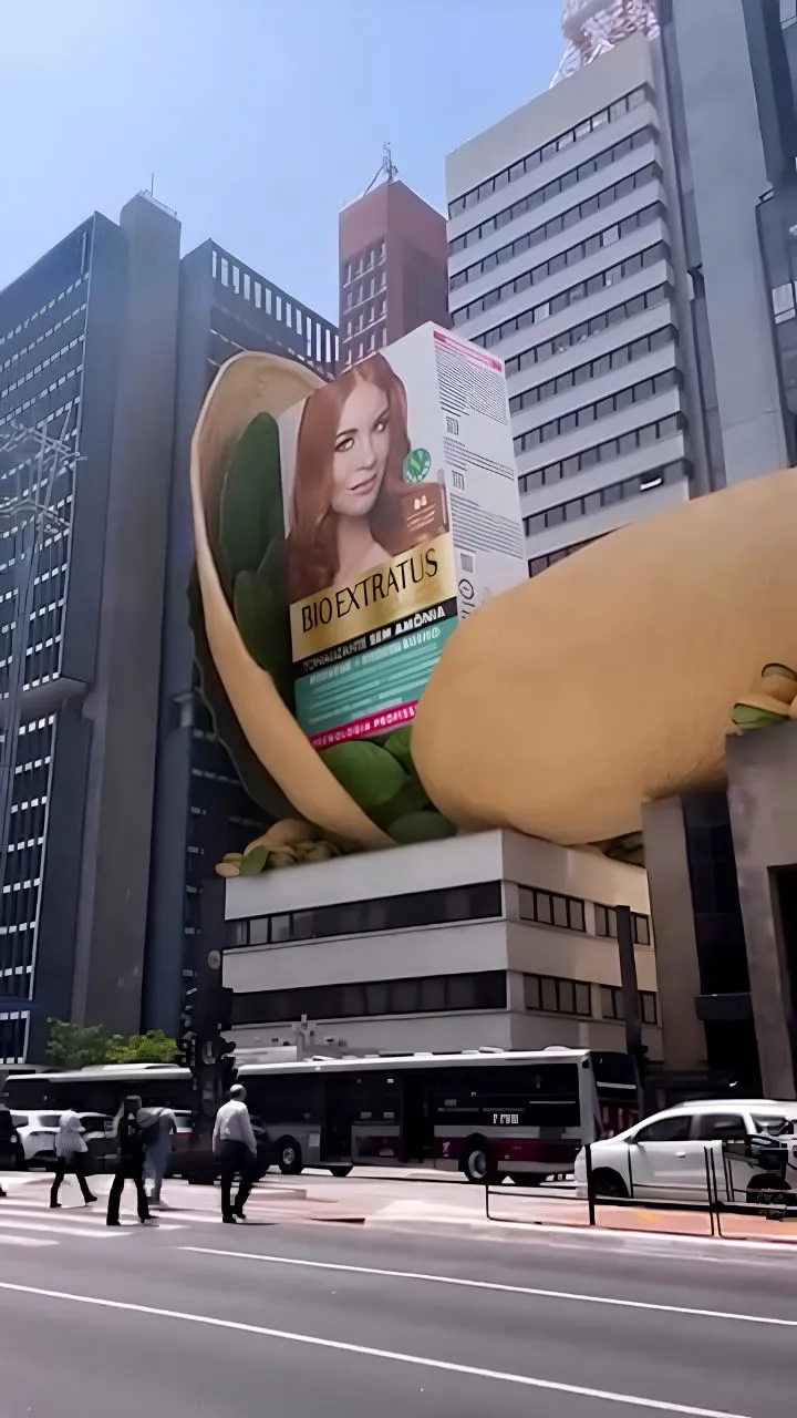 FOOH: caixa gigante do produto Bio Extratus saindo de uma casca de pistache sobre prédios da cidade