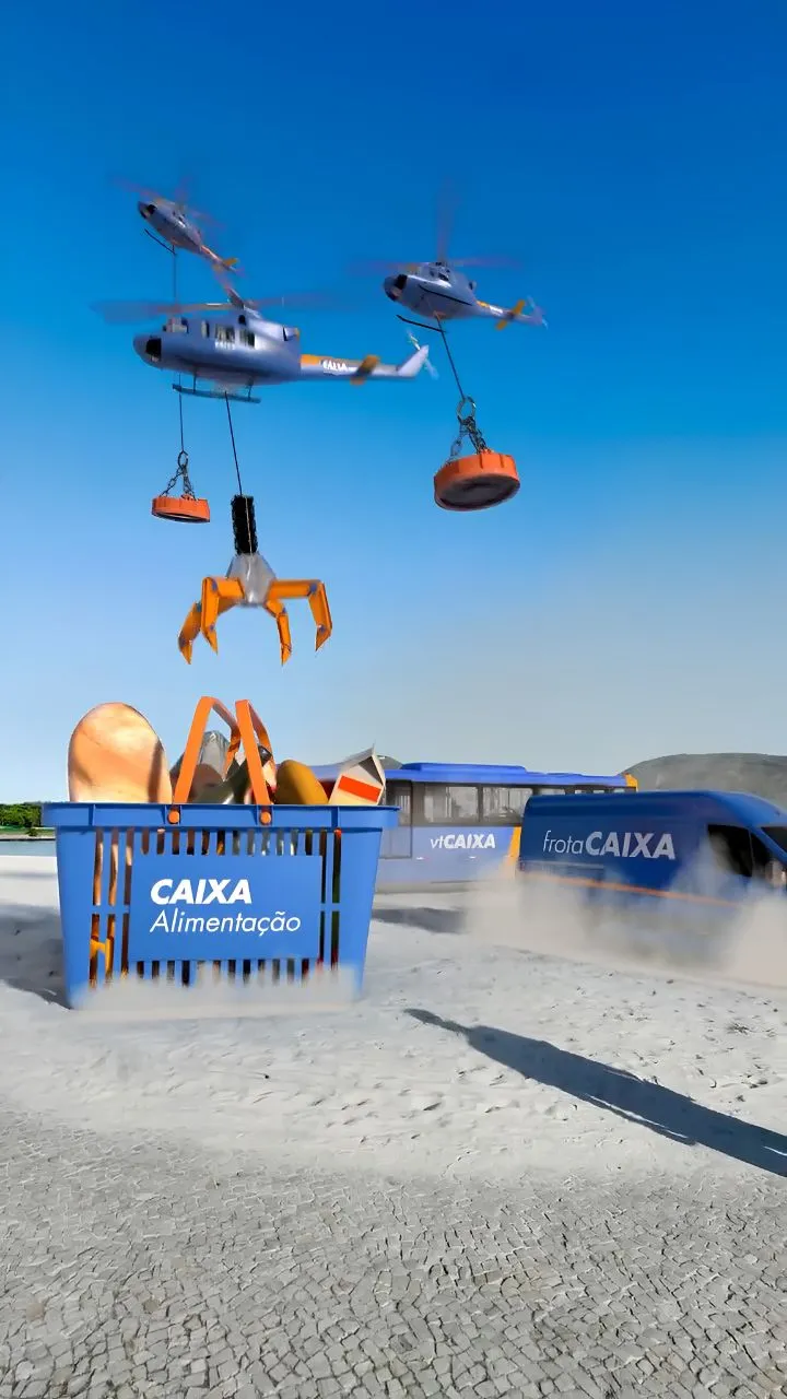FOOH: helicópteros erguendo cesta de compras 'Caixa Alimentação' sobre praia, com ônibus da frota Caixa ao fundo
