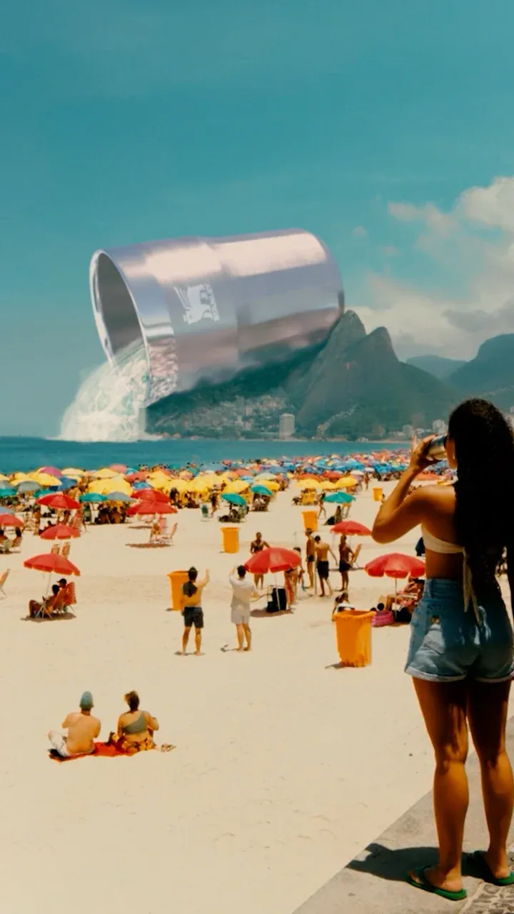 FOOH: copo térmico gigante da Stanley coberto de neve na praia, painel digital exibindo 10°C, campanha de calor