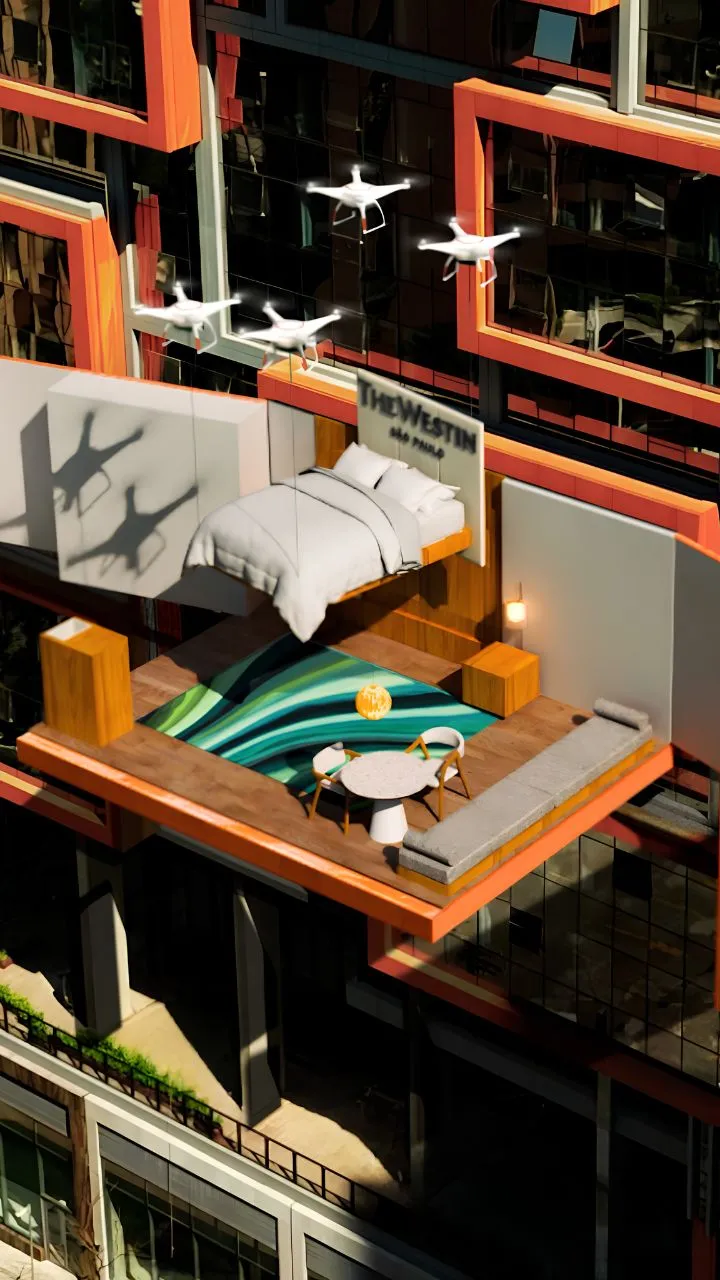 FOOH: quarto do hotel The Westin flutuando para fora da fachada do prédio, drones ao redor, vista isométrica