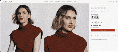 Página de produto Gregory com modelo vestindo vestido bordô, preço e botão de compra