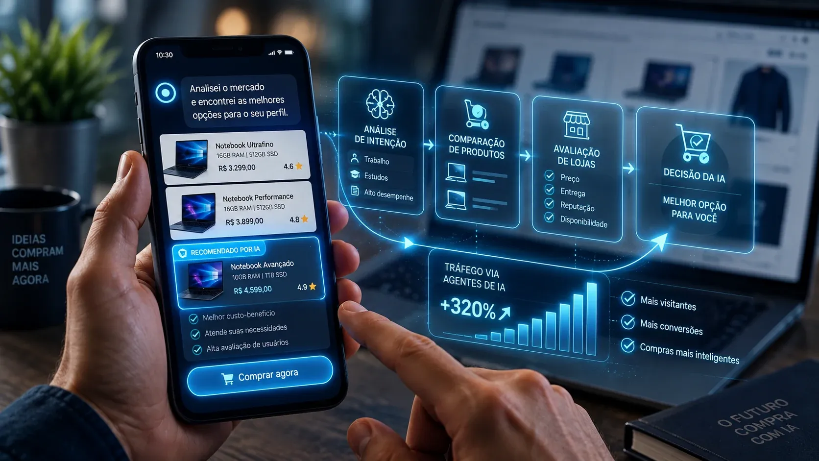 Celular com recomendação de notebooks por IA e fluxo de decisão do agente, com alta de 320% no tráfego
