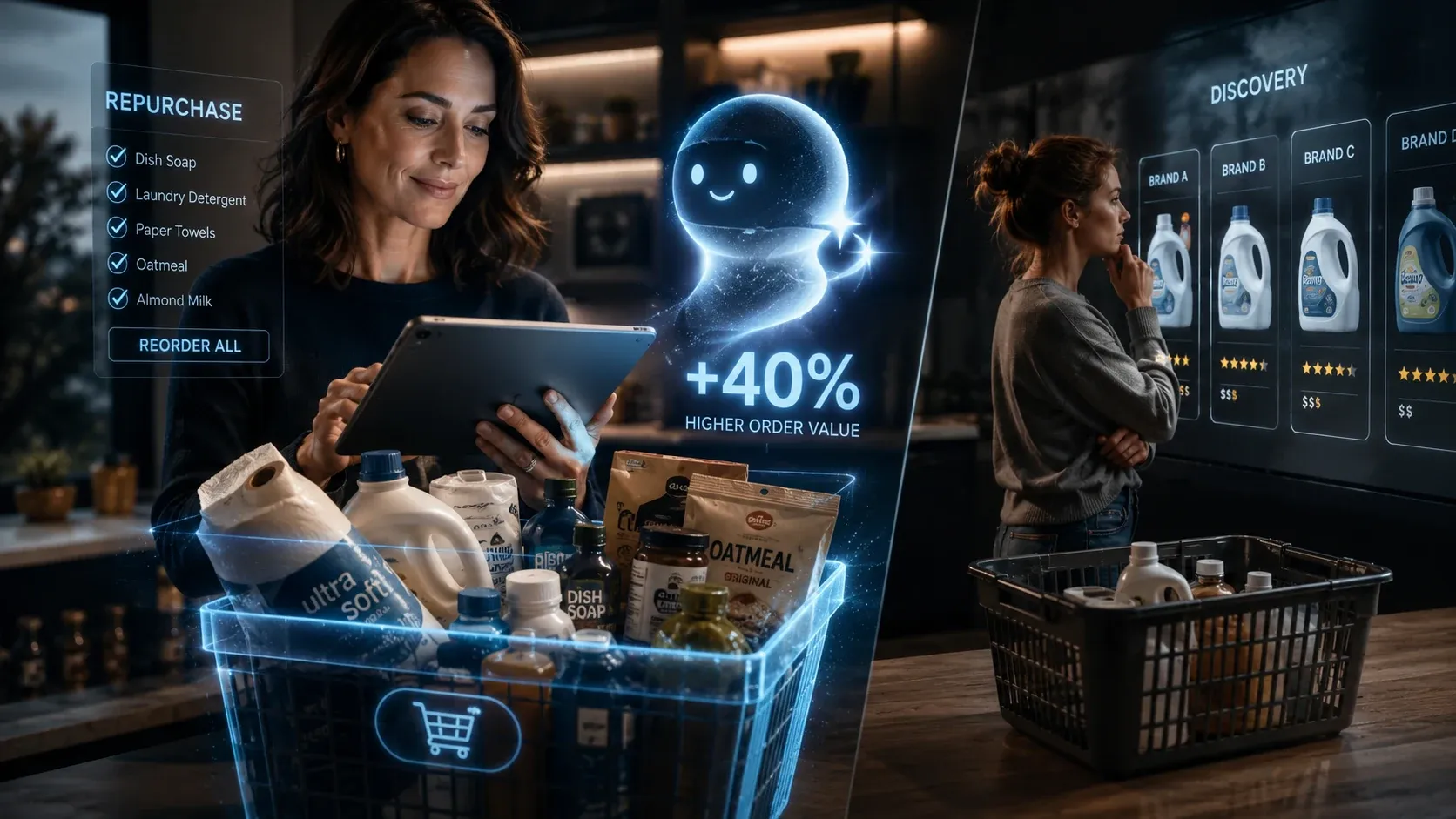 Comparativo de agentic commerce: recompra assistida por IA com +40% de valor do pedido versus cliente indecisa na gôndola