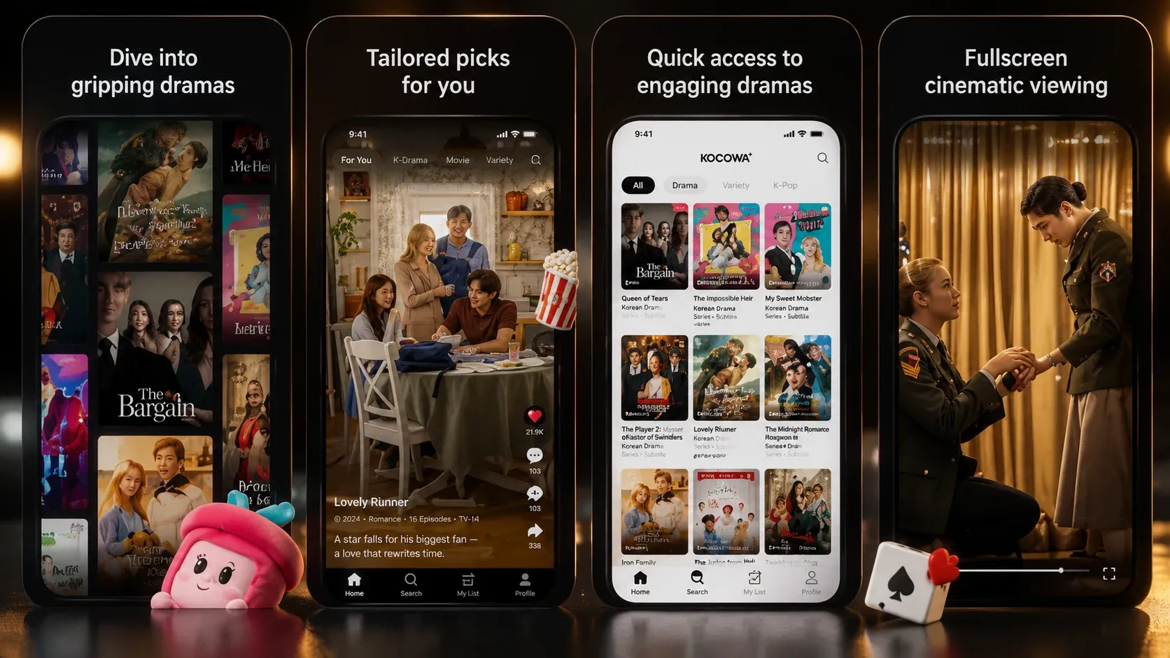 Quatro telas verticais de app de microdramas com catálogo, feed e reprodução em tela cheia