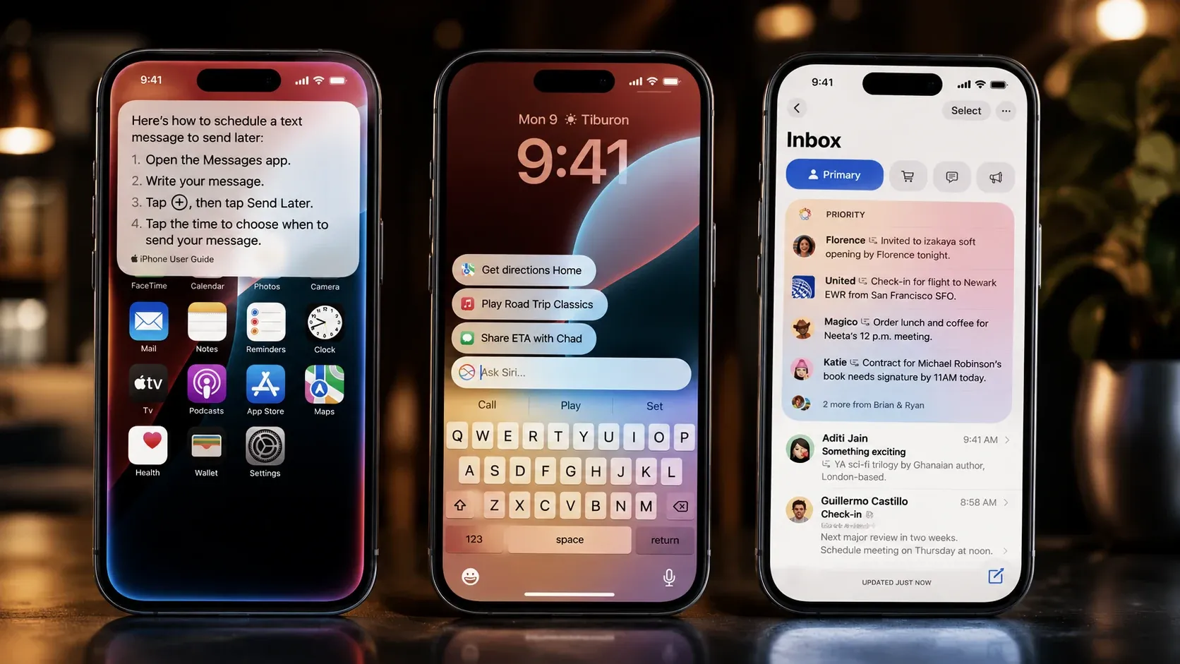 Três celulares lado a lado com assistente de IA, comandos de voz e caixa de entrada priorizada