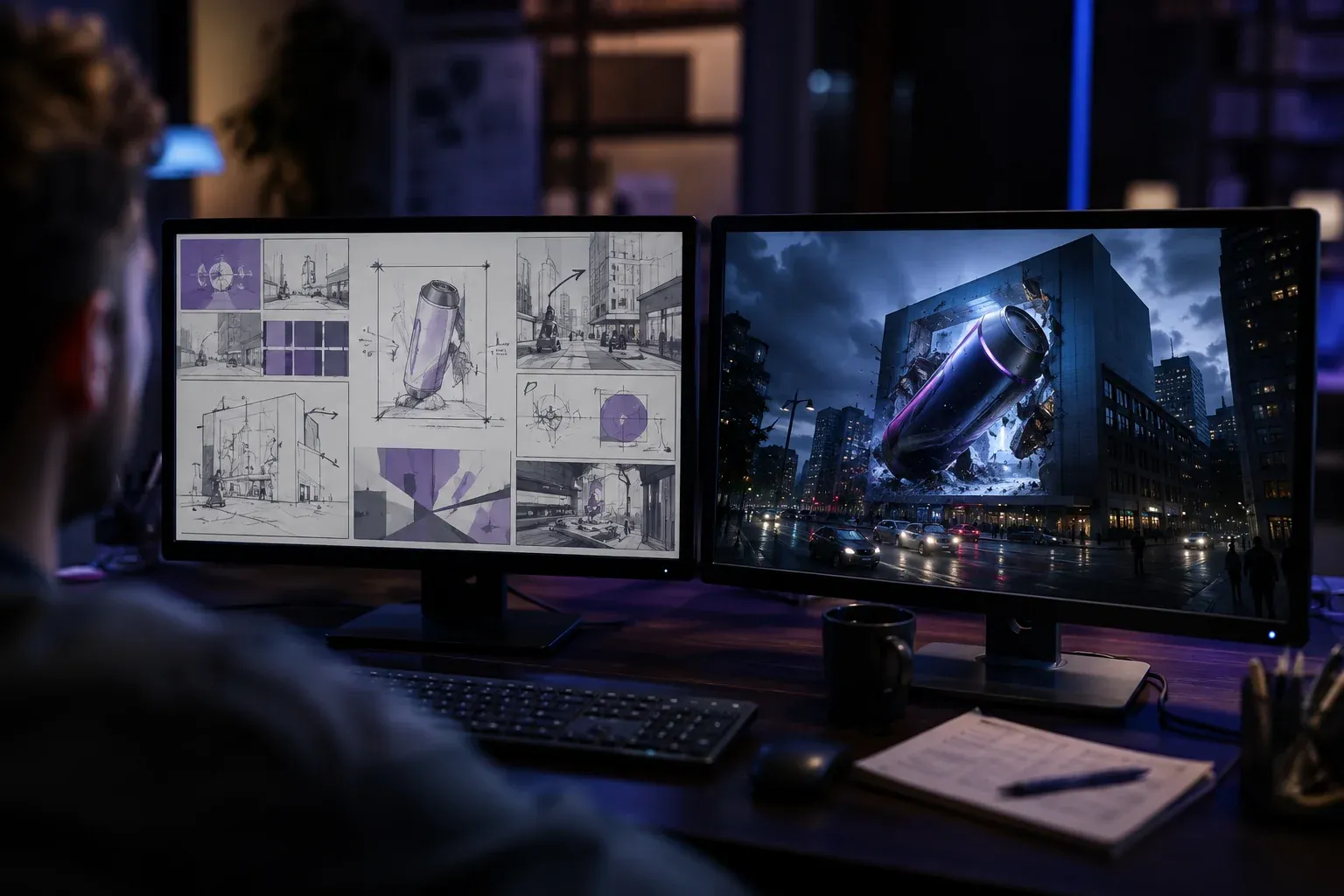 Bastidores da produção de FOOH da mK: storyboards e renderização final de lata gigante atingindo um prédio, em monitores duplos