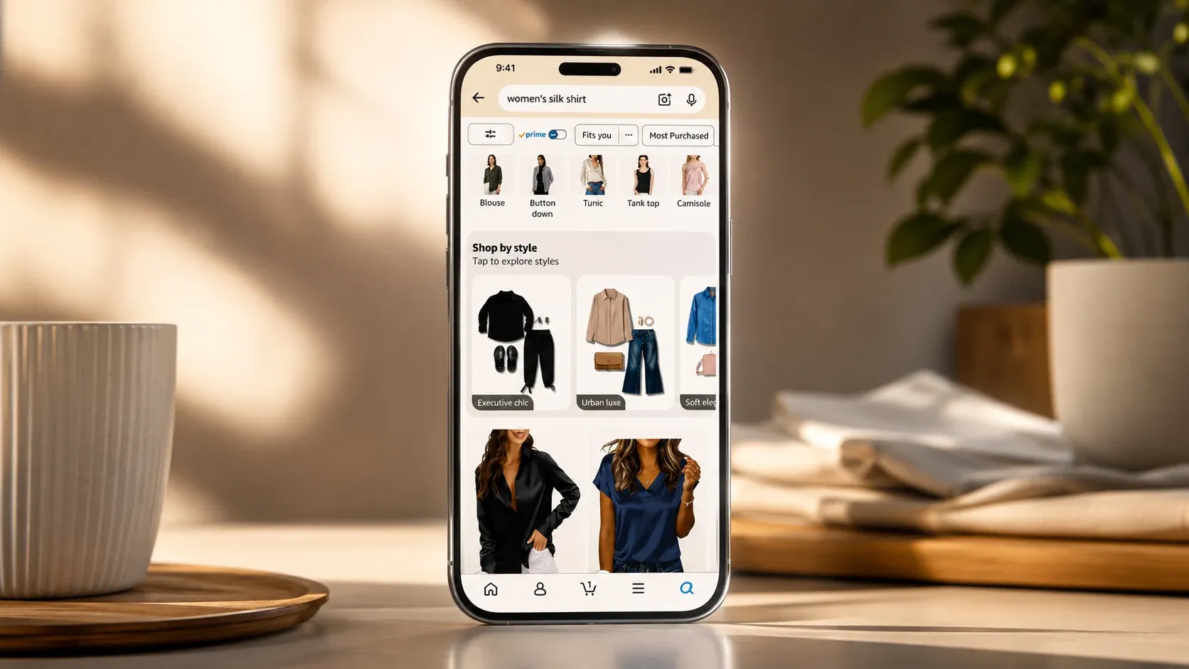 Celular sobre bancada exibindo busca de moda com filtros de estilo e vitrine shop by style