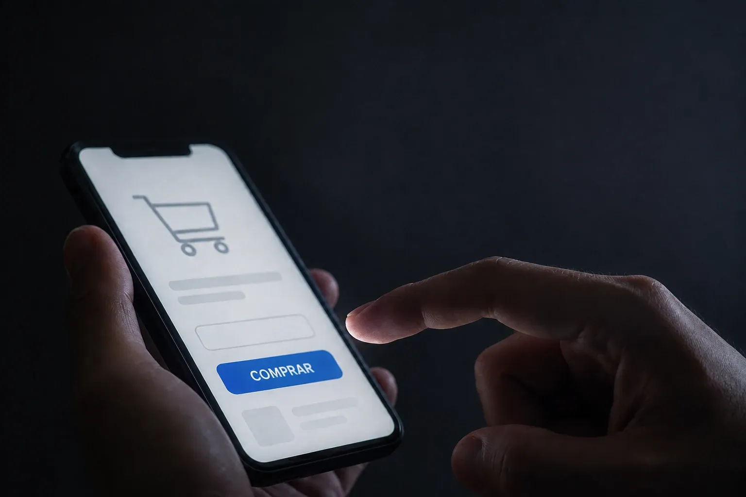 Celular com carrinho de compras e botão comprar, dedo prestes a tocar a tela