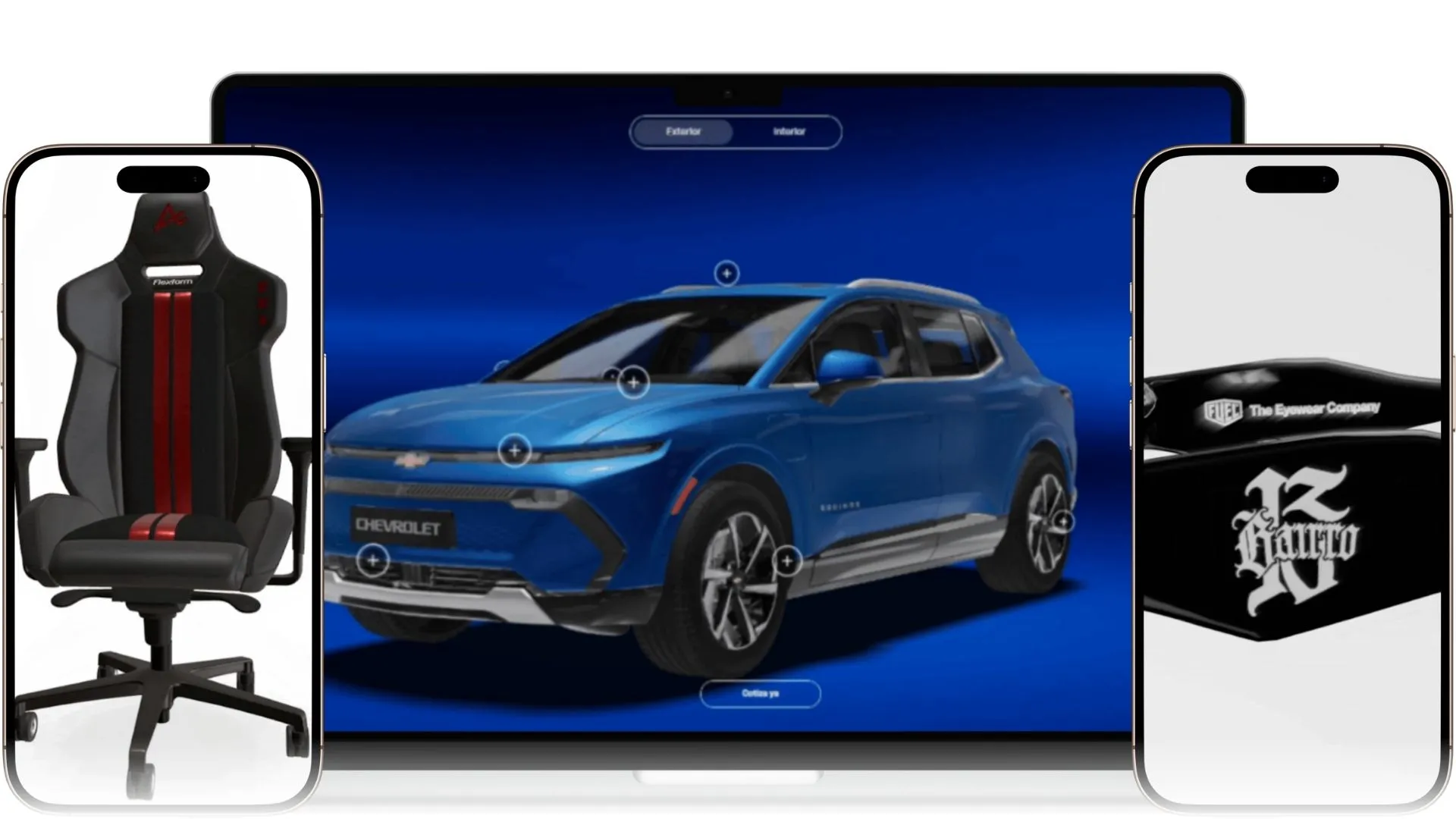 Colagem institucional da mK 'Cases Reais' com cadeira Flexform, configurador 3D da Chevrolet e óculos Fuel Eyewear