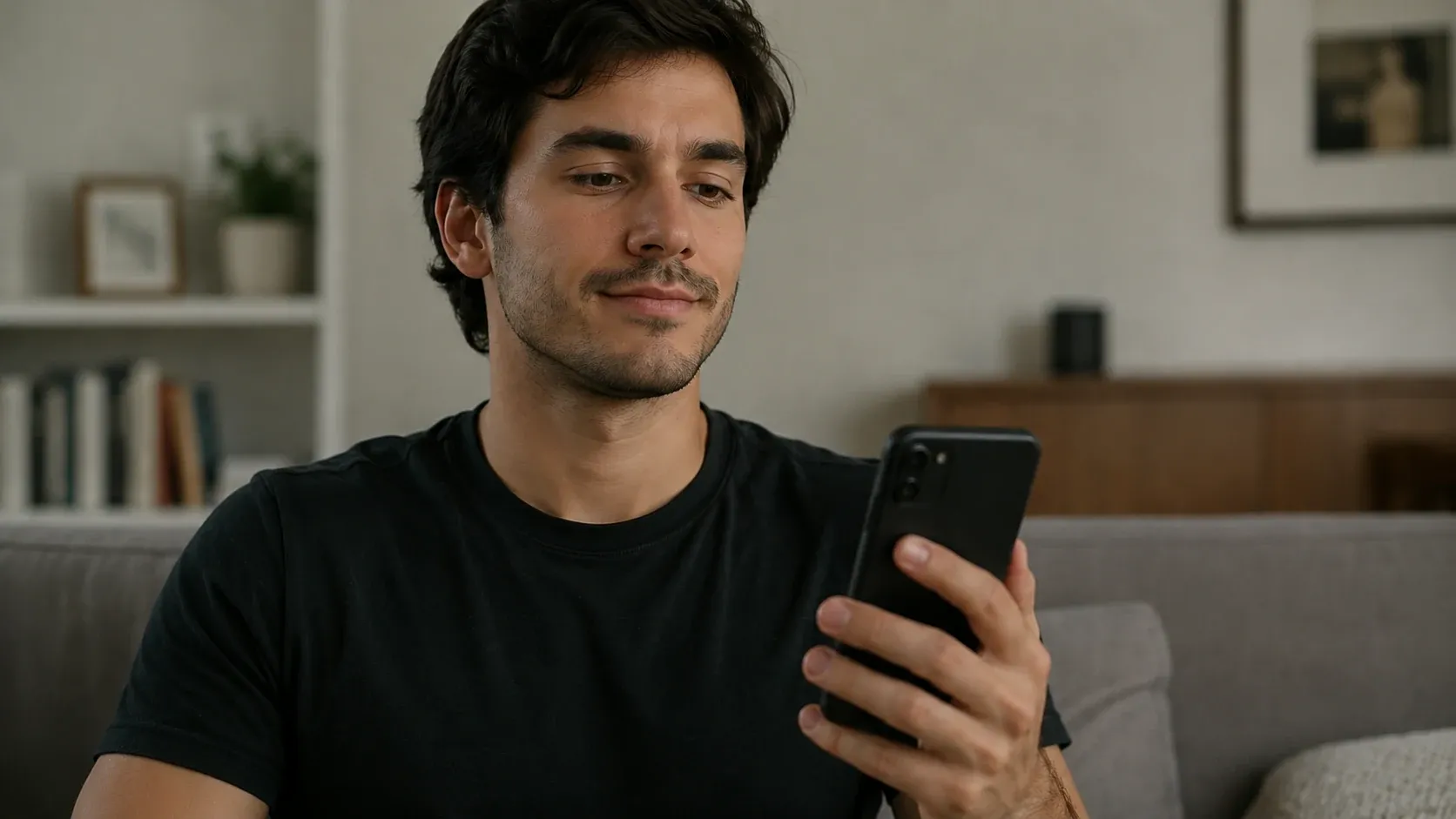 Homem sorrindo satisfeito ao olhar o celular no sofá, representando a certeza na compra