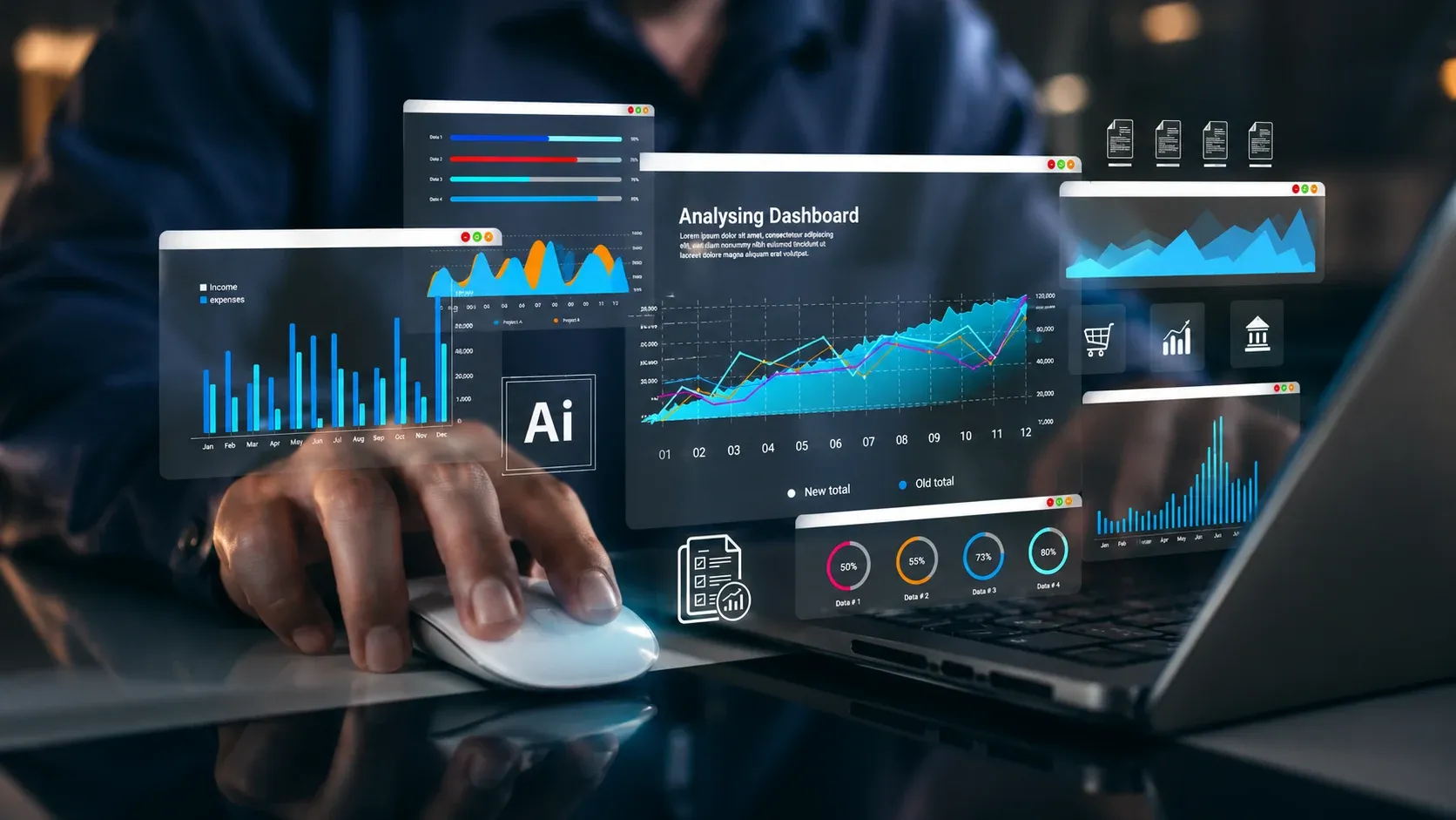 Mãos no mouse e no laptop com painéis de analytics flutuantes e dashboard analisado por IA