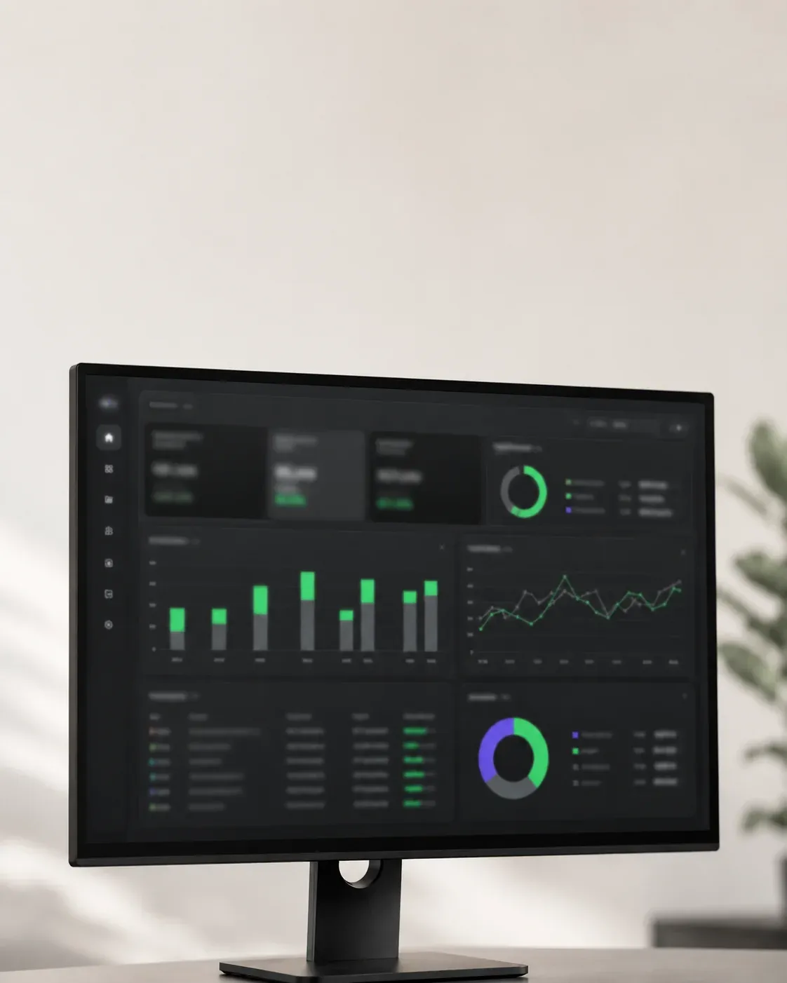 Foto stock de monitor exibindo dashboard de analytics com gráficos, em ambiente de escritório claro