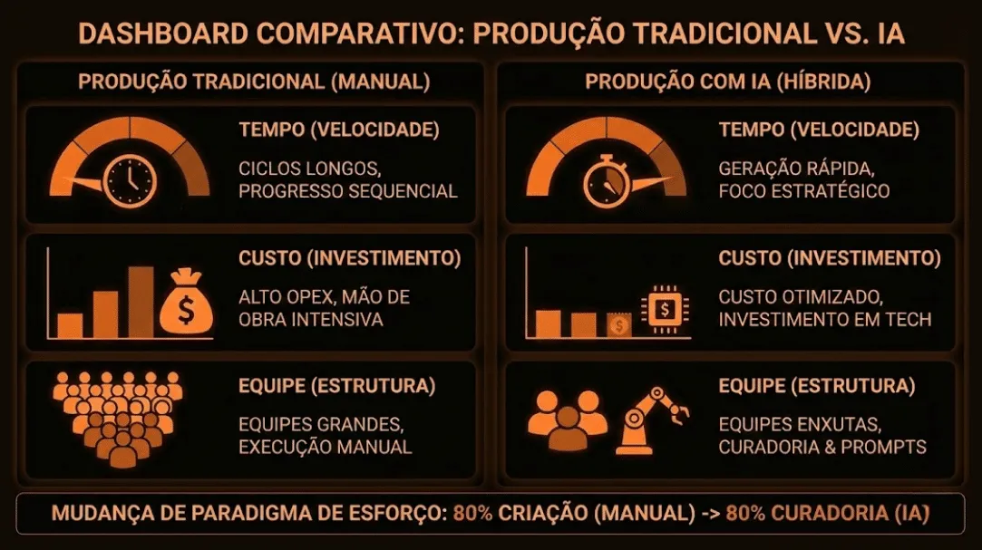 Dashboard institucional da mK comparando produção tradicional manual vs. produção com IA híbrida