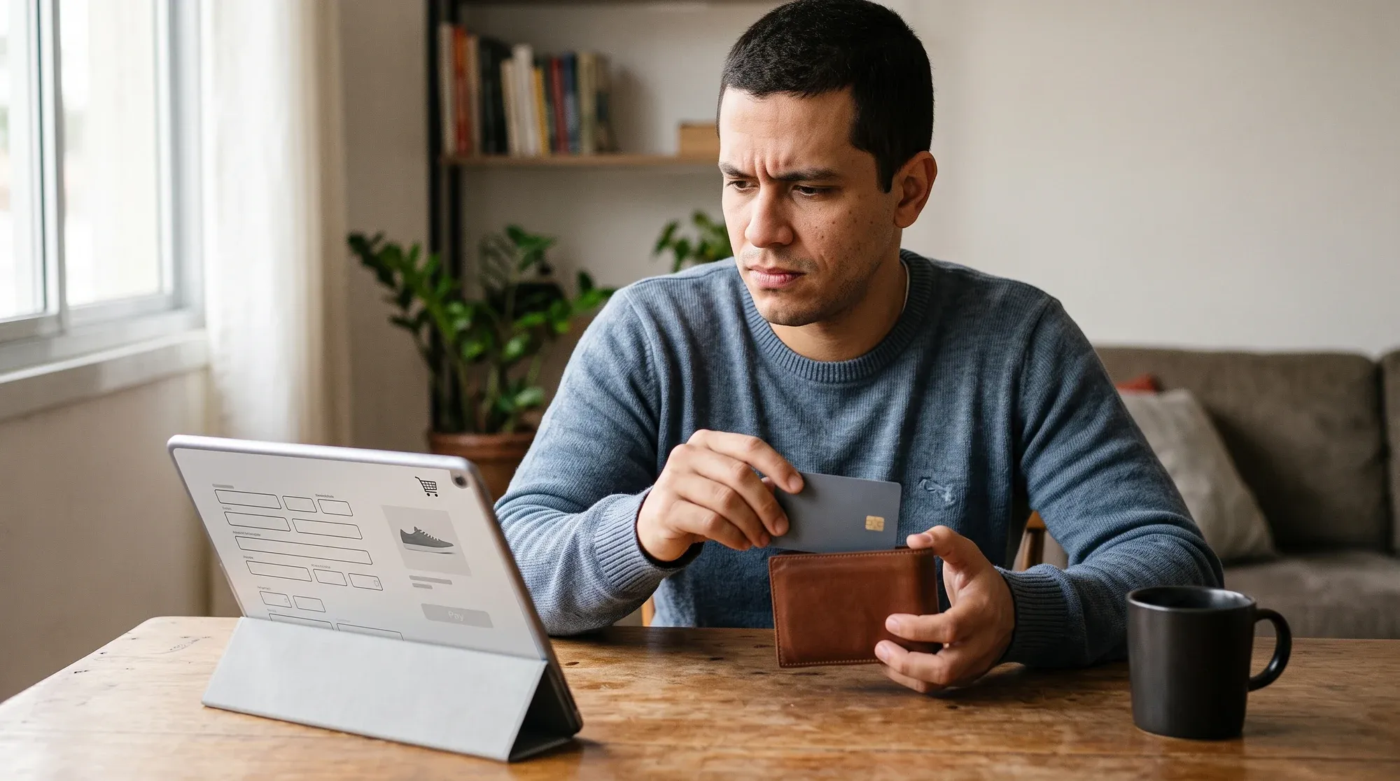 Homem em dúvida tirando o cartão da carteira diante de tablet com página de produto de tênis