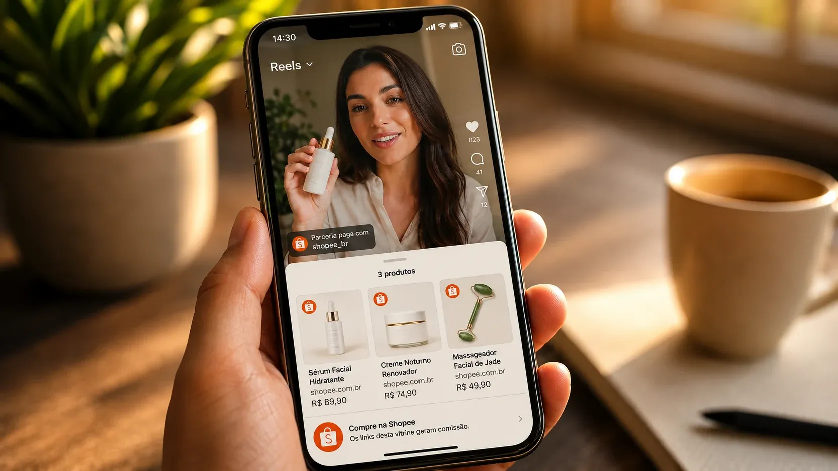 Celular na mão com vídeo de live commerce e vitrine de produtos de beleza integrada ao reels