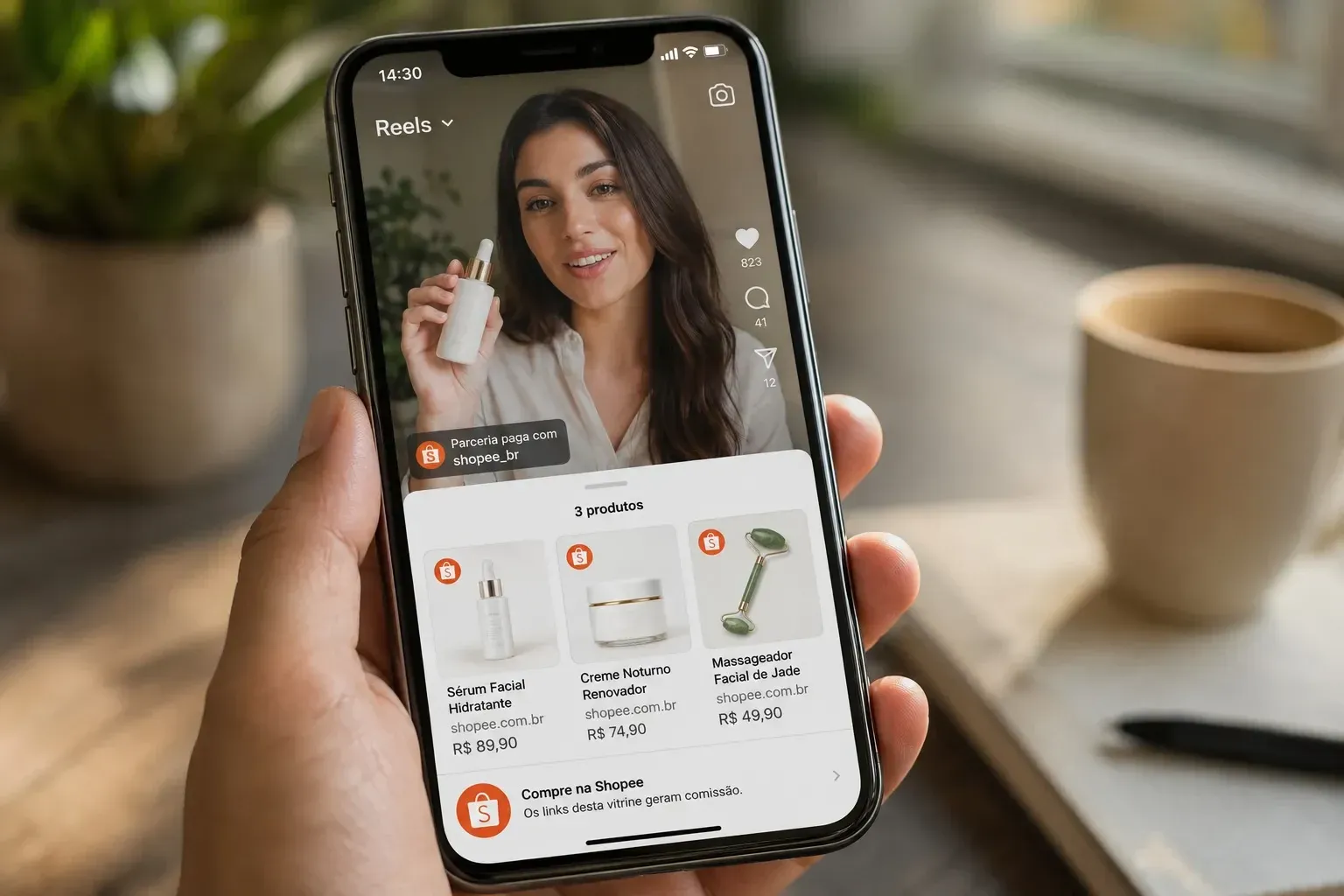 Celular exibindo vídeo de live commerce em reels com vitrine de três produtos de beleza