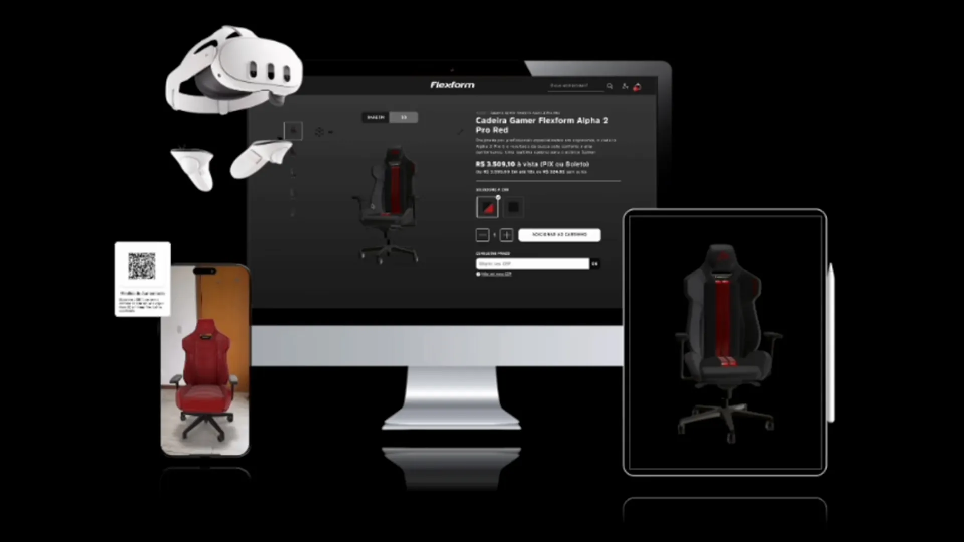 mK 3D Shop: colagem institucional mostrando óculos VR, controles, QR code e app AR com a Cadeira Gamer Flexform Alpha 2 Pro Red