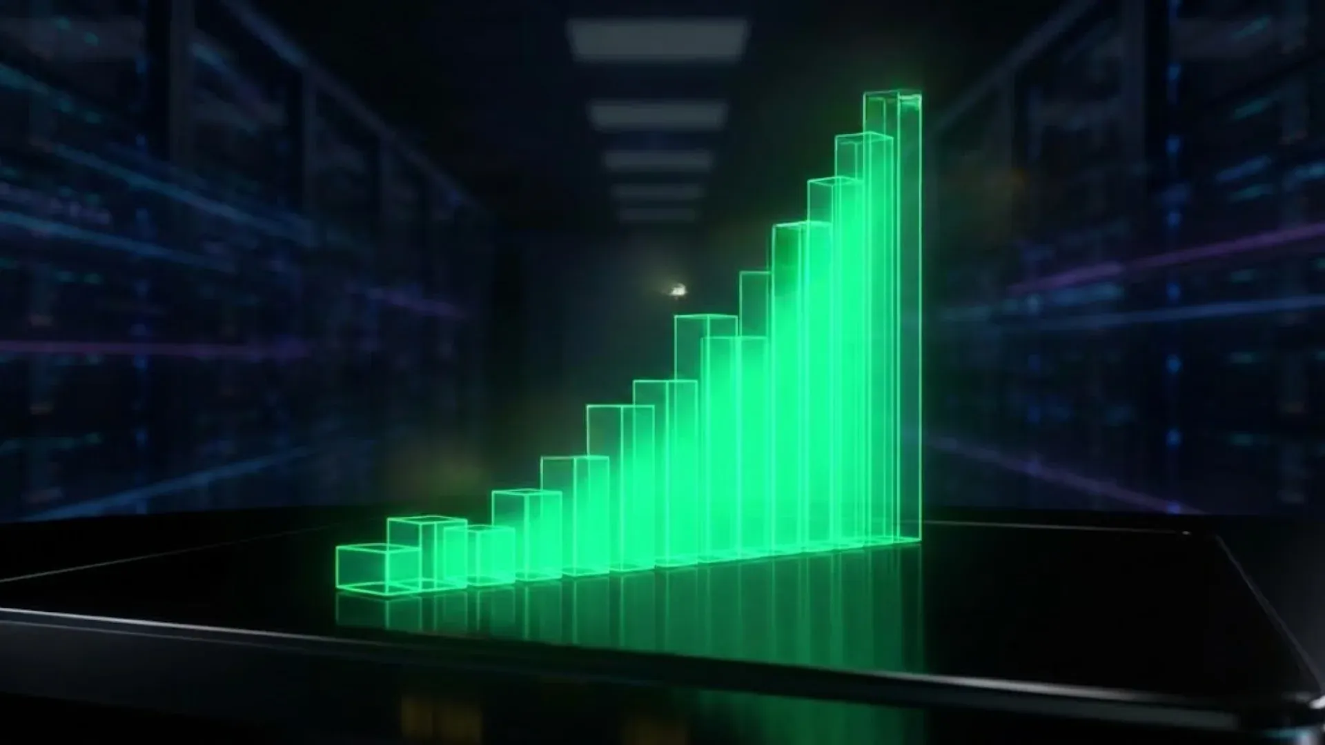 Capa institucional da mK sobre ROI esperado de projetos bem implementados, gráfico de barras neon verde crescente em datacenter