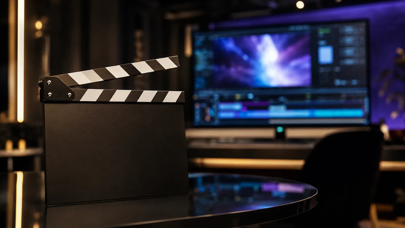 Claquete de cinema em primeiro plano diante de monitor com timeline de edição de vídeo