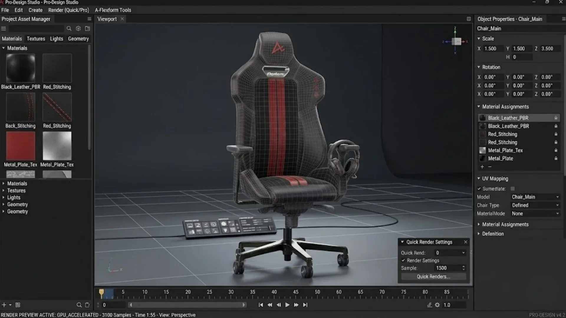 Bastidores da produção 3D da mK: renderização da cadeira Flexform no software Pro-Design Studio