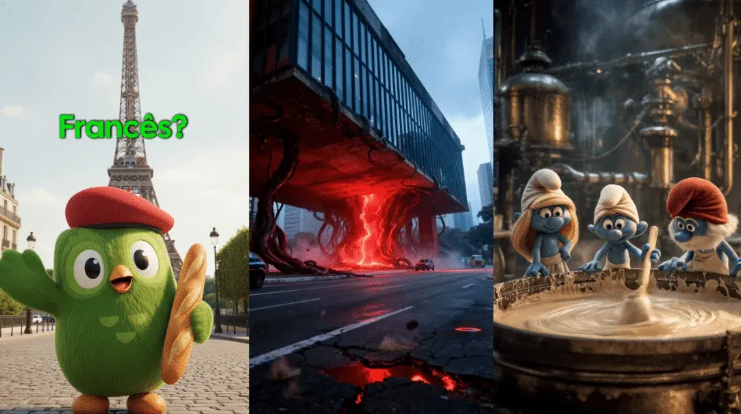 Miniatura institucional da mK com exemplos de vídeos gerados por IA: mascote animado, criatura tomando conta de prédio e bonecos estilo Smurfs mexendo caldeirão