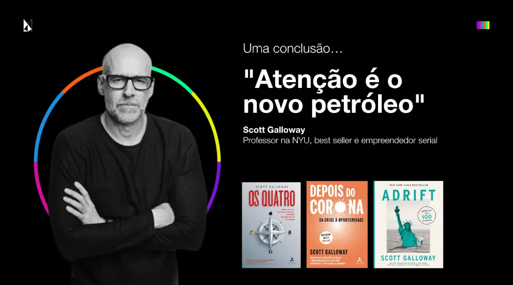 Slide institucional da mK com citação de Scott Galloway: 'Atenção é o novo petróleo', com capas de seus livros