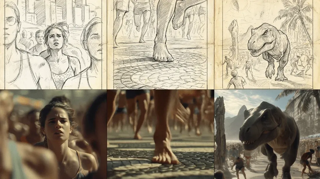 Bastidores da mK: storyboard e renderização final de vídeo viral/CGI mostrando dinossauro correndo em praia carioca