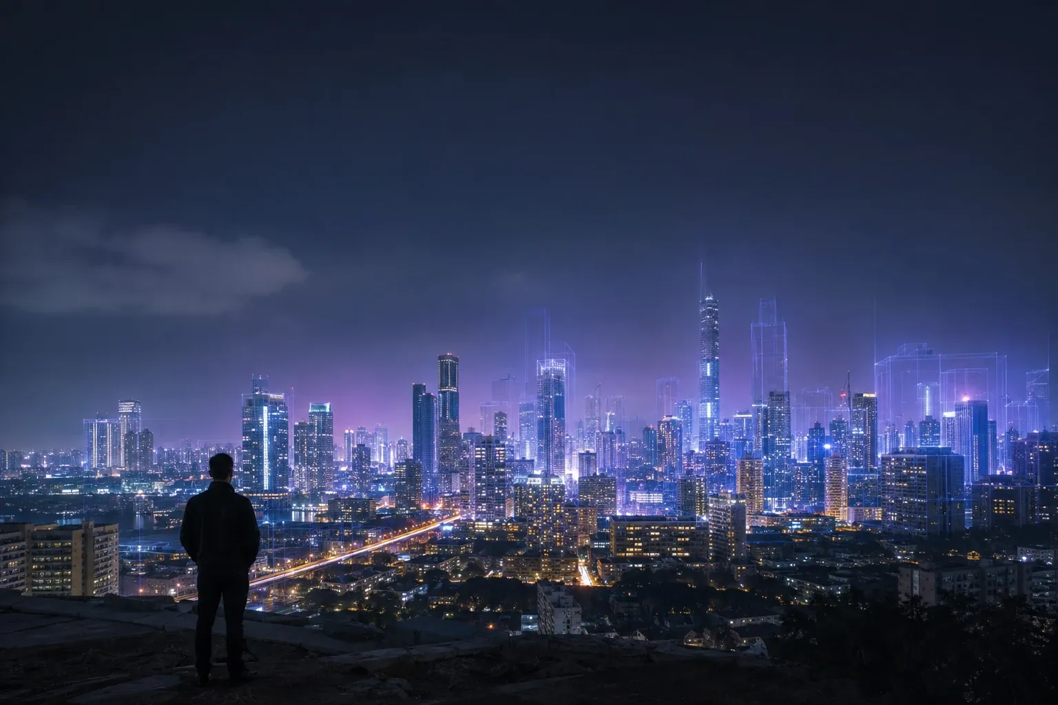 Homem de costas observando skyline noturno com prédios projetados em wireframe digital
