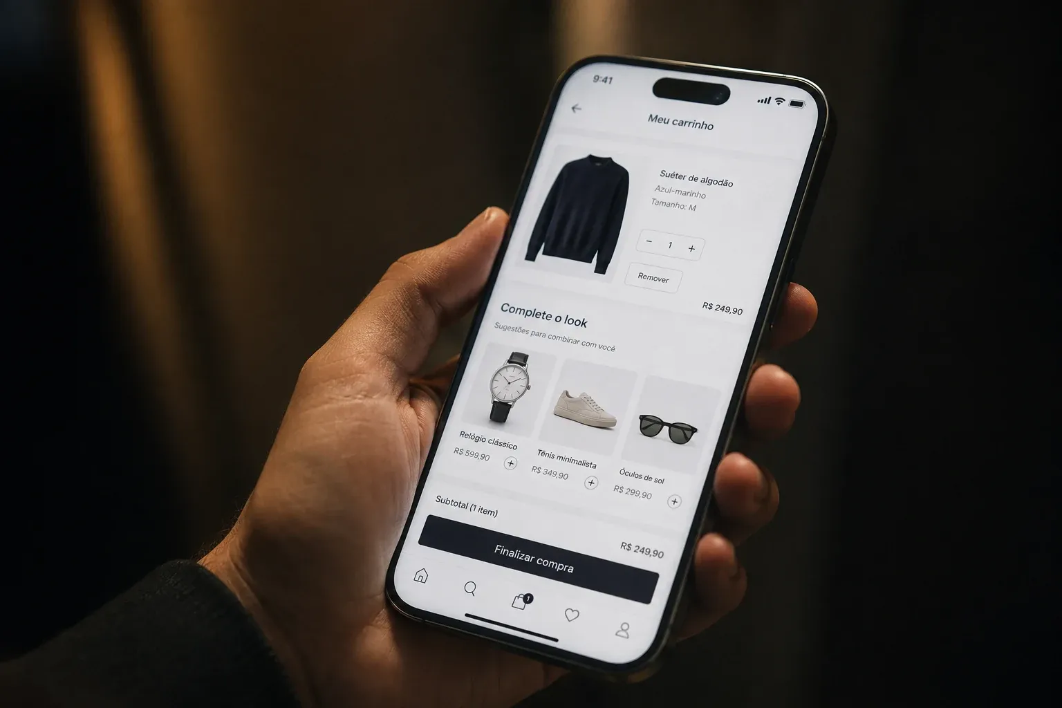 Celular com carrinho de compras e seção complete o look sugerindo relógio, tênis e óculos