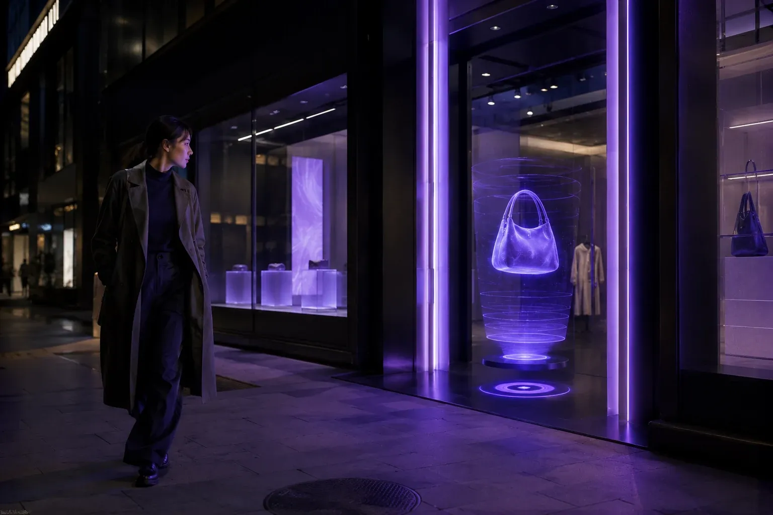 Vitrine de rua à noite exibindo o holograma de uma bolsa em luz roxa enquanto uma pedestre observa