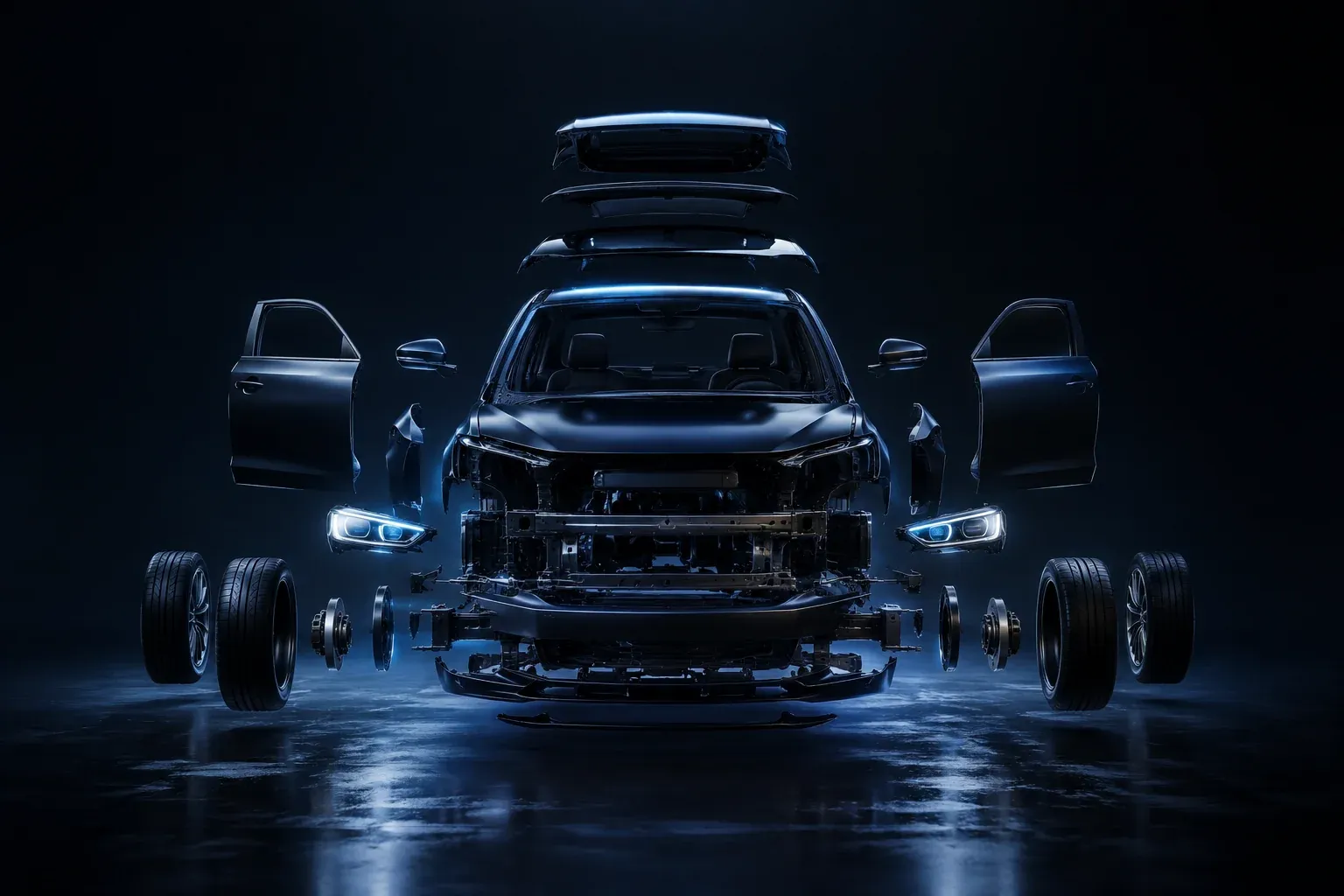 mK 3D Shop (visualizador 3D): carro em visão explodida mostrando peças, faróis e rodas separados, render em estúdio escuro