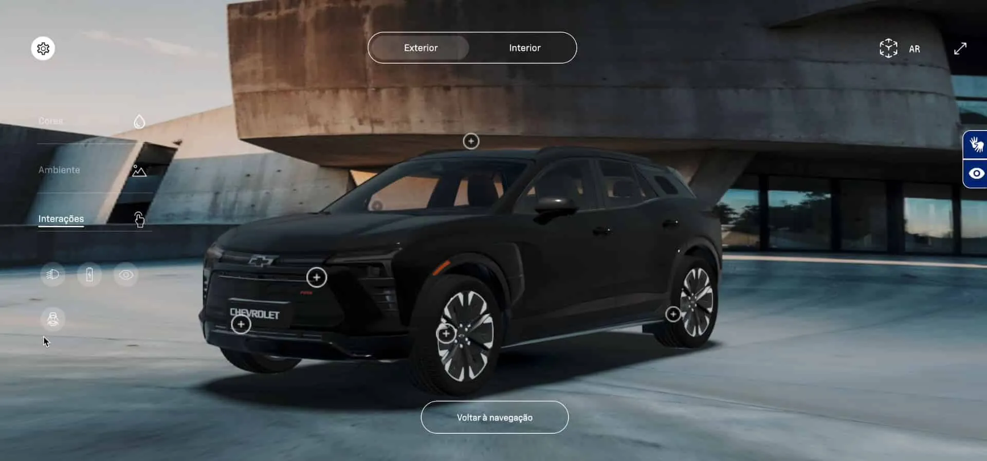 mK 3D Shop (visualizador 3D): configurador 3D da Chevrolet com menu de cores, ambiente e interações