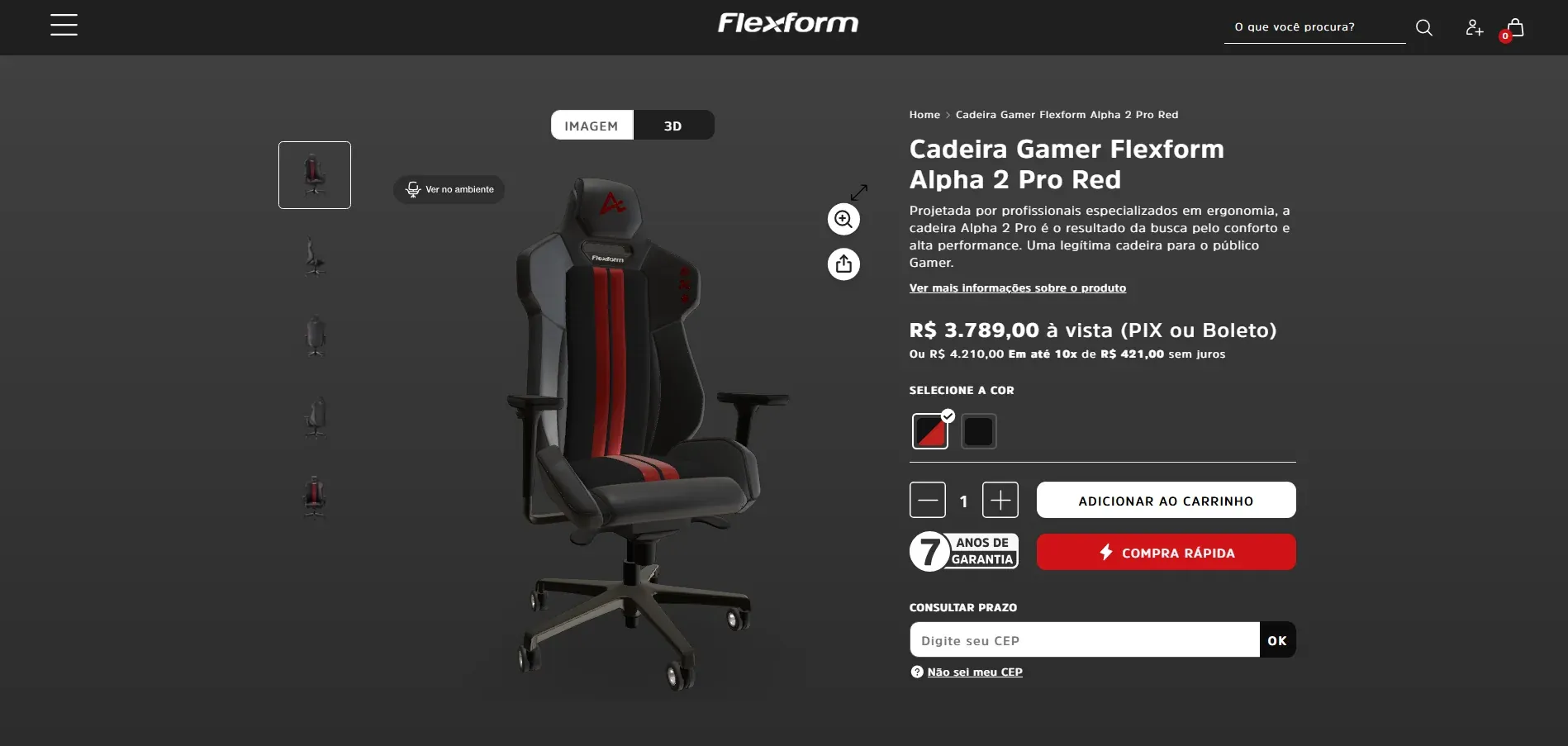 mK 3D Shop (visualizador 3D): página de produto Cadeira Gamer Flexform Alpha 2 Pro Red com alternância entre Imagem e 3D em destaque