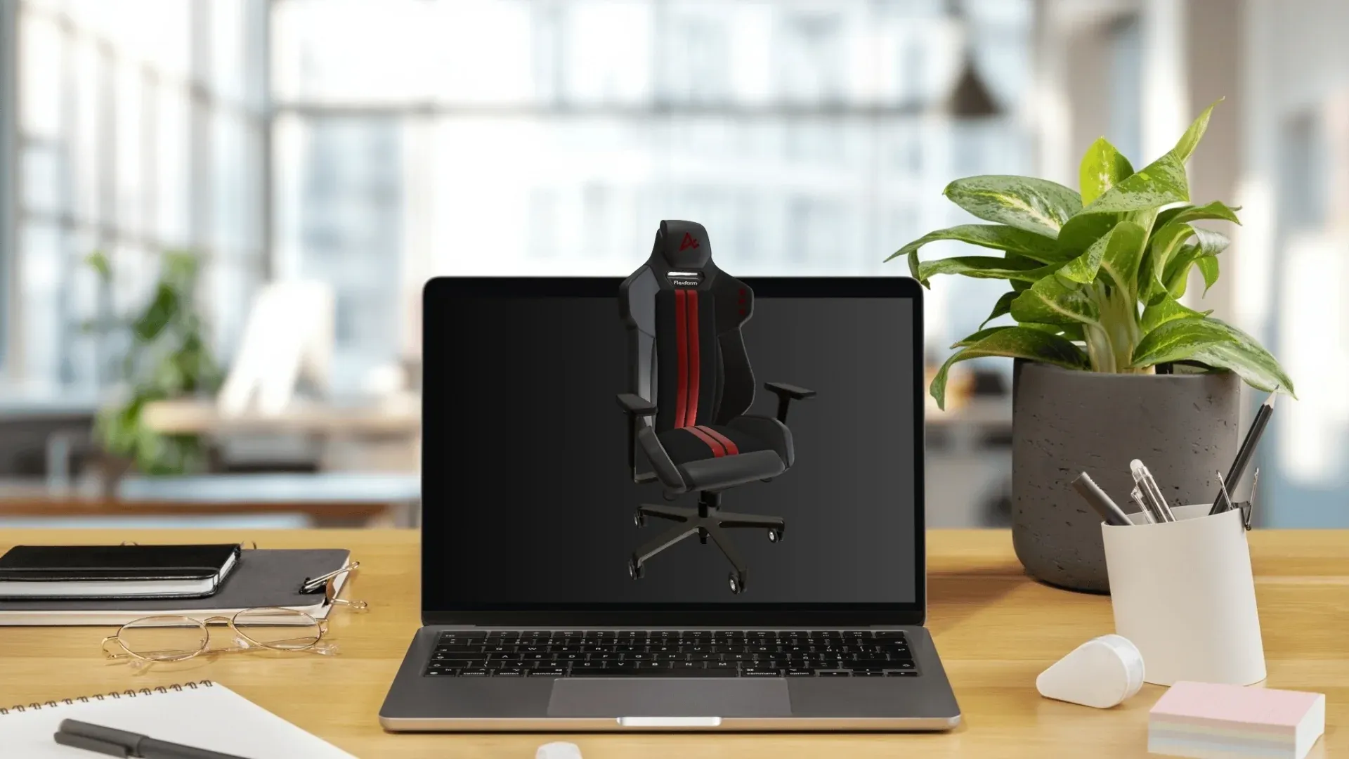 mK 3D Shop (visualizador 3D): cadeira gamer Flexform em destaque saindo da tela de um laptop sobre mesa de escritório