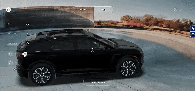mK 3D Shop (visualizador 3D): configurador 3D de veículo da General Motors, alternando entre visualização exterior e interior