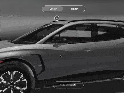 mK 3D Shop (visualizador 3D): configurador 3D de veículo da General Motors, alternando entre visualização exterior e interior