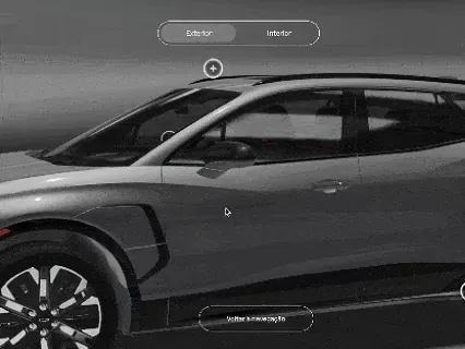 mK 3D Shop (visualizador 3D): configurador 3D de veículo da General Motors, alternando entre visualização exterior e interior