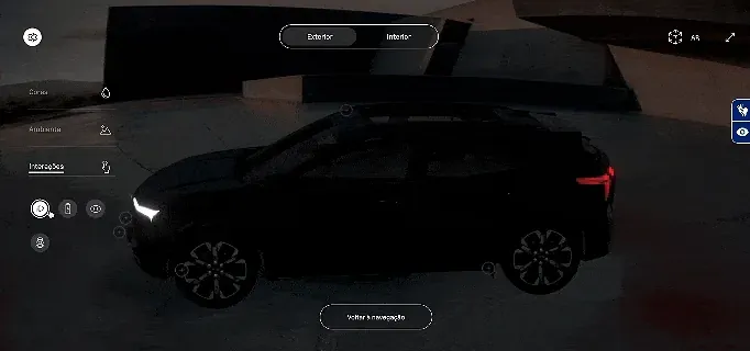 mK 3D Shop (visualizador 3D): configurador 3D de veículo da General Motors, alternando entre visualização exterior e interior