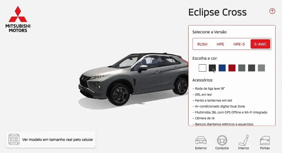mK 3D Shop (visualizador 3D): configurador do Mitsubishi Eclipse Cross com seleção de versão, cores e acessórios