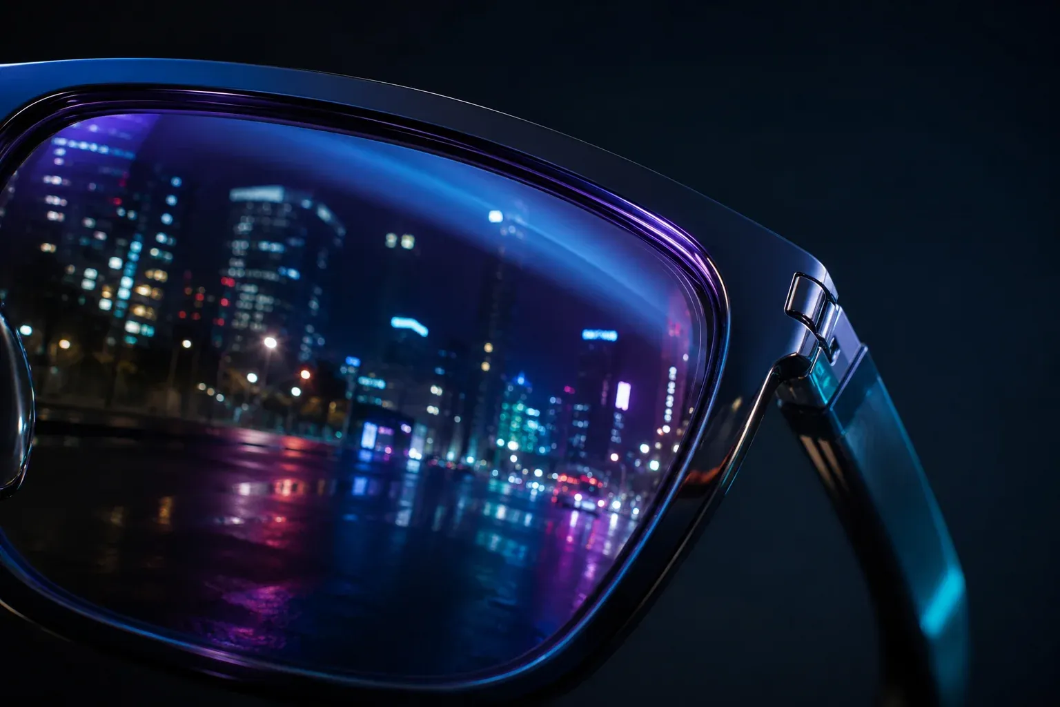 mK 3D Shop (visualizador 3D): óculos inteligentes com lente refletindo skyline noturno da cidade