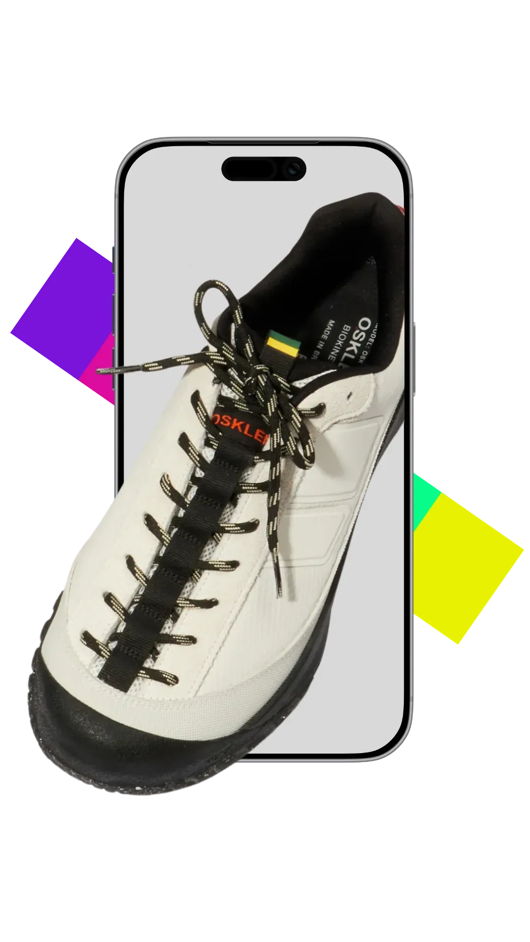 mK 3D Shop (visualizador 3D): tênis Osklen em destaque saindo da tela do celular, com elementos gráficos coloridos