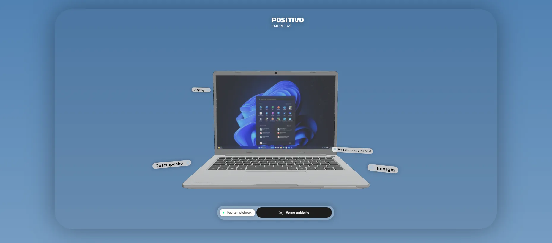 mK 3D Shop (visualizador 3D): notebook Positivo em visualização 3D interativa com rótulos de display, desempenho e energia, botão 'Ver no ambiente'