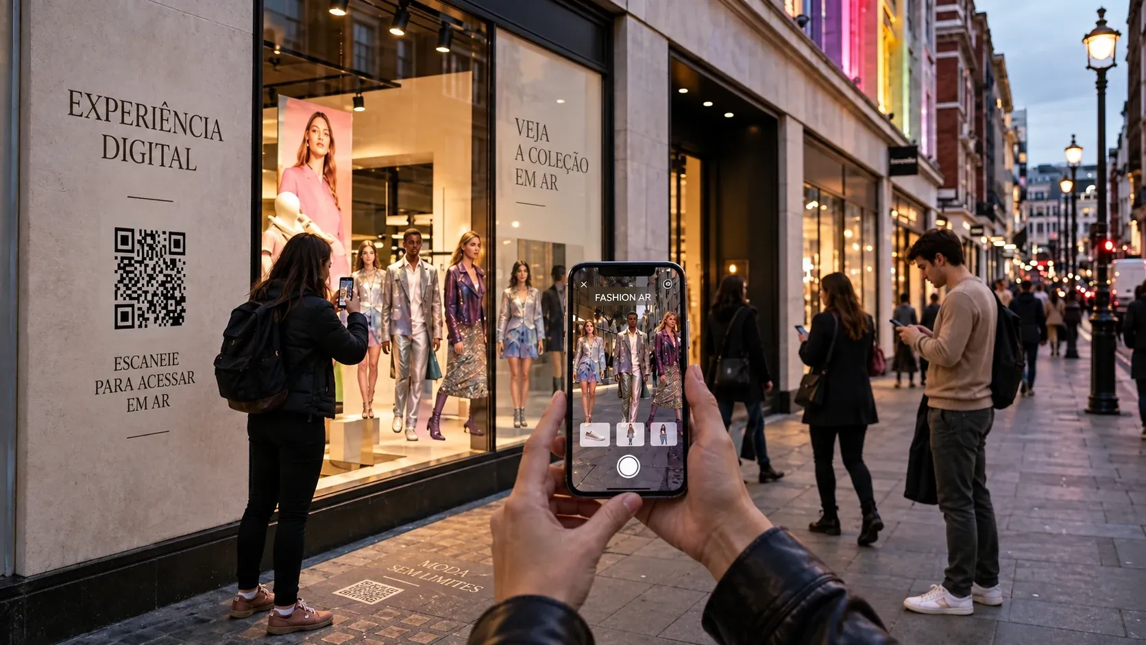 Vitrine de rua com QR code para ver a coleção em realidade aumentada e pedestre apontando o celular