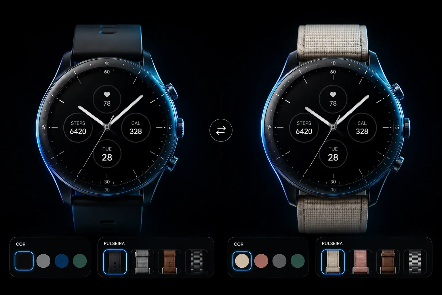 mK 3D Shop (visualizador 3D): configurador de smartwatch comparando cor e pulseira lado a lado