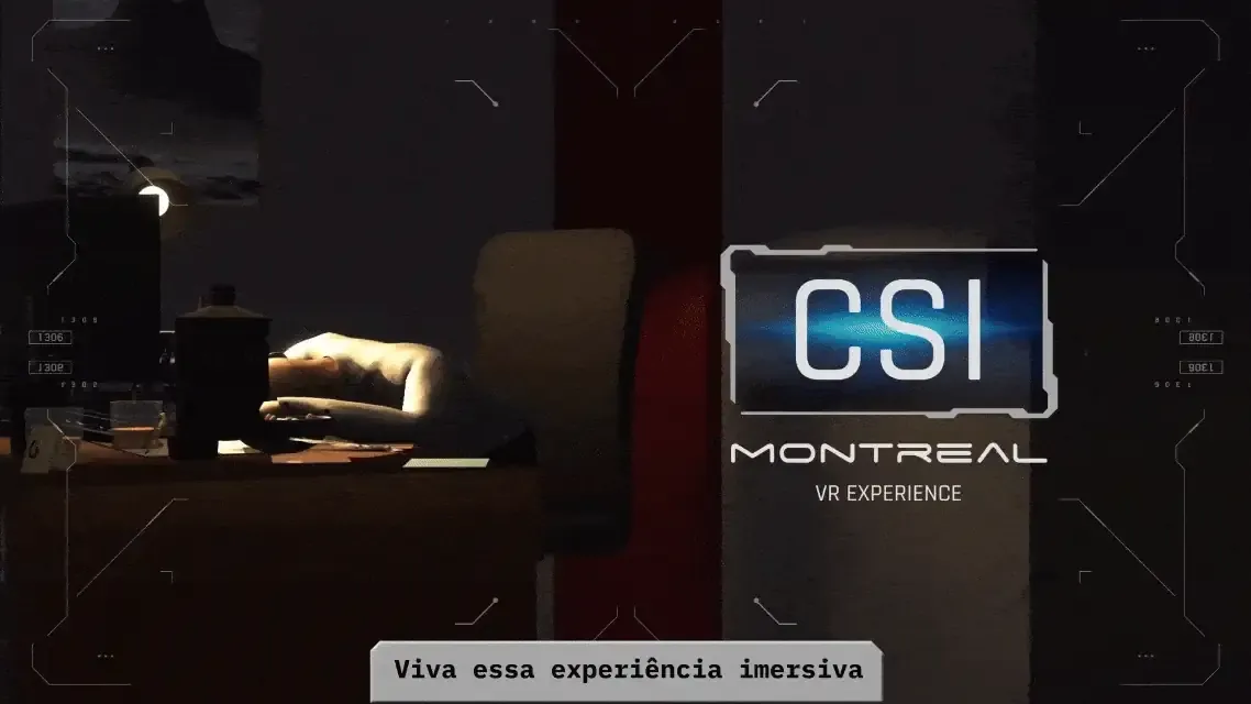 Demonstração animada do mKase CSI Montreal: experiência VR imersiva mostrando uma cena de investigação em ambiente escuro com a marca CSI Montreal em destaque