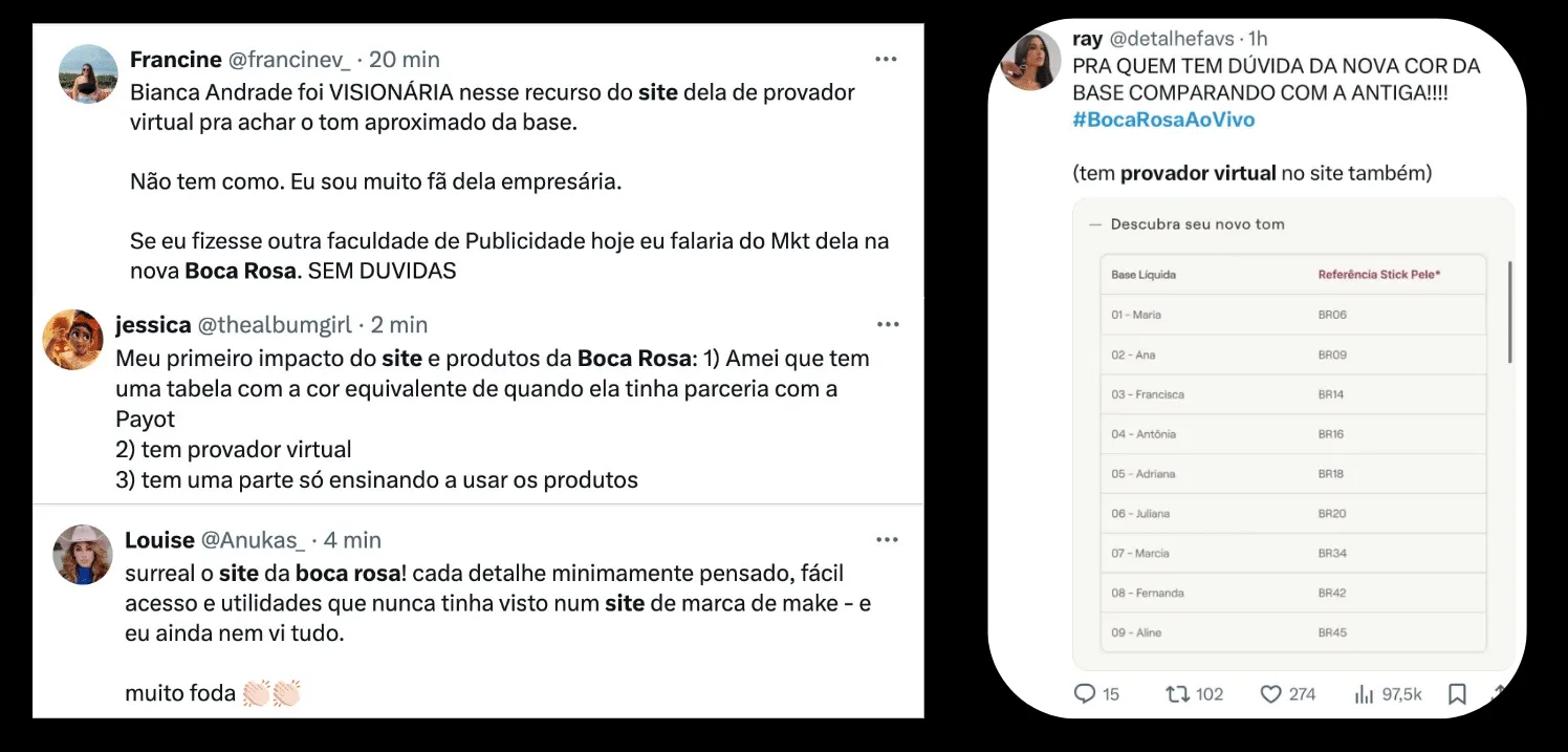 mK Beauty (provador virtual de beleza): tweets de clientes elogiando o site e o provador virtual da Boca Rosa
