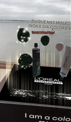 mK Beauty (provador virtual de beleza): filtro interativo da L'Oréal Professionnel INOA e Dia Color com moléculas clicáveis sobre cenário urbano