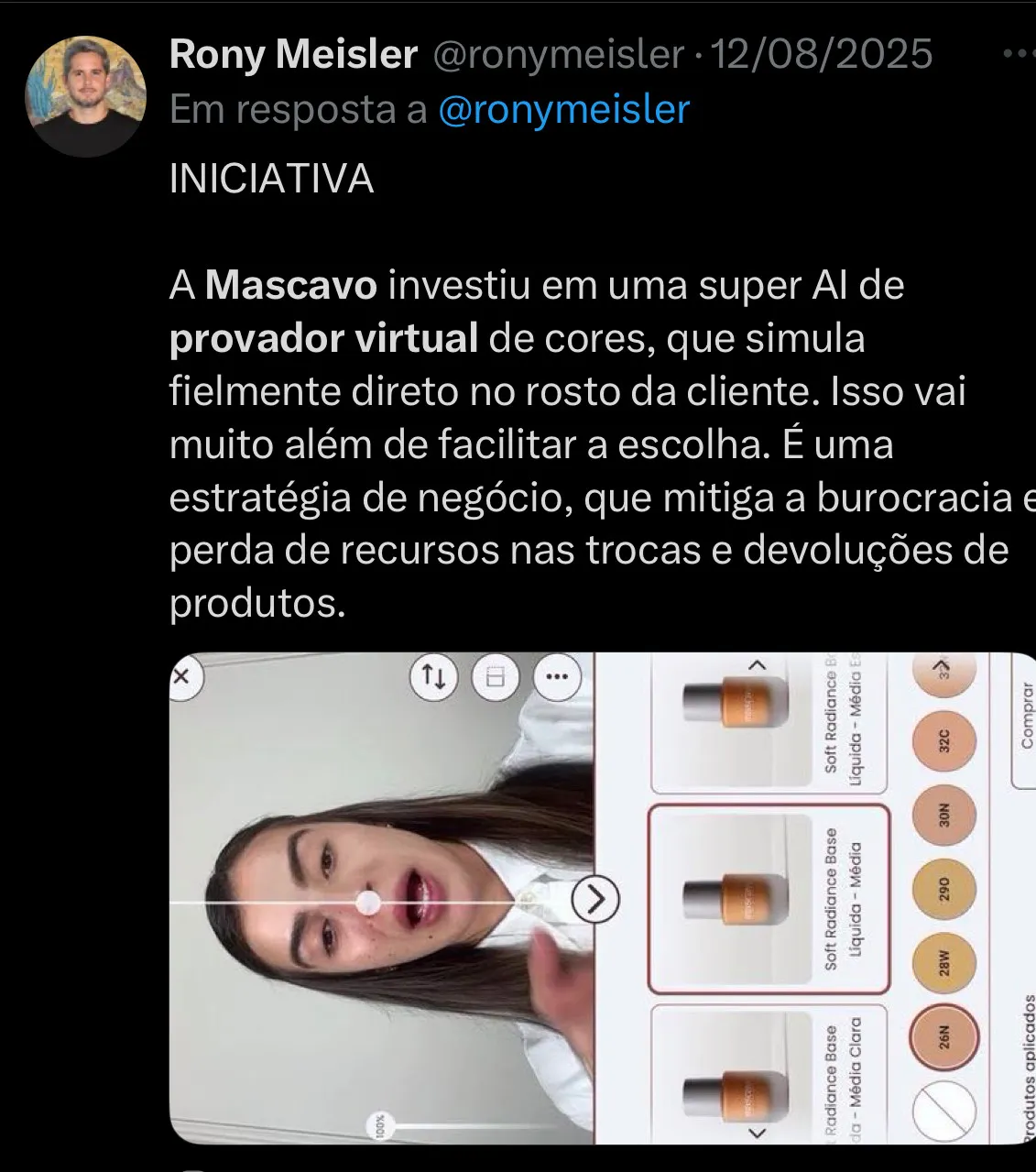 mK Beauty (provador virtual de beleza): tweet de Rony Meisler elogiando a IA de provador virtual da Mascavo