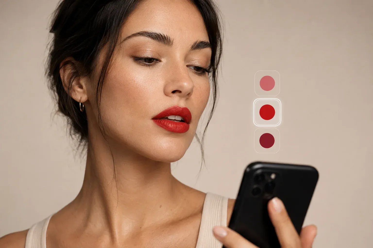 mK Beauty (provador virtual de beleza): mulher com batom vermelho aplicado, celular exibindo seleção de tonalidades ao lado