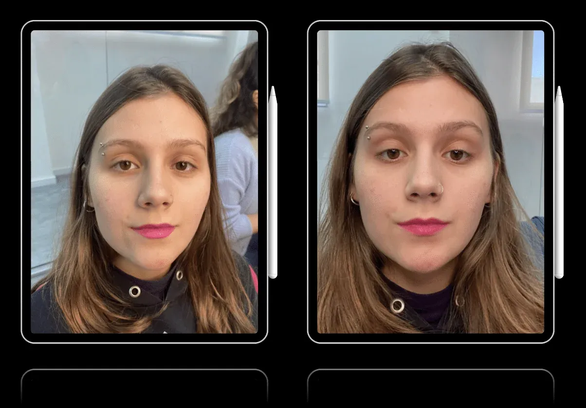 mK Beauty: comparação lado a lado entre foto real e resultado do filtro mK Tint aplicado ao rosto